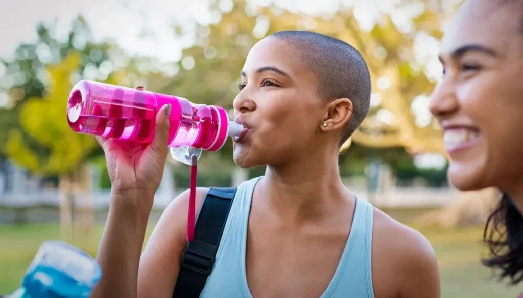 Summer Skincare Tips For Healthy, Glowing Skin 6 Girl hydrating in the garden post-workout, while another girl beams with happiness