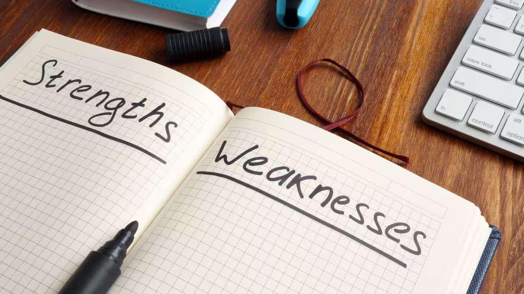 How To Practice Self-Leadership For Business Success 3 a notebook opened with the text strengths and weaknesses