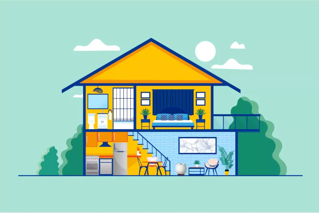 What You Need To Know About Indoor Air Purifiers And How They Help Protect Your Home 2 An illustration of a house interior featuring a homepure zayn indoor air purifier unit in the living room on the ground floor.