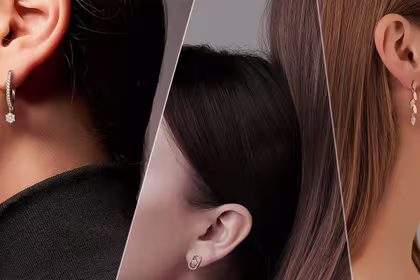 Women wearing Bernhard H. Mayer 18K Gold Jewellery, namely the Mira Star Earrings, Delos Star Earrings, and Autumn Earrings
