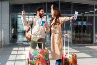 Couple excited to escape winter season by going on a budget-friendly package holiday, which they booked through a QVI holiday membership product called QVI Vacay
