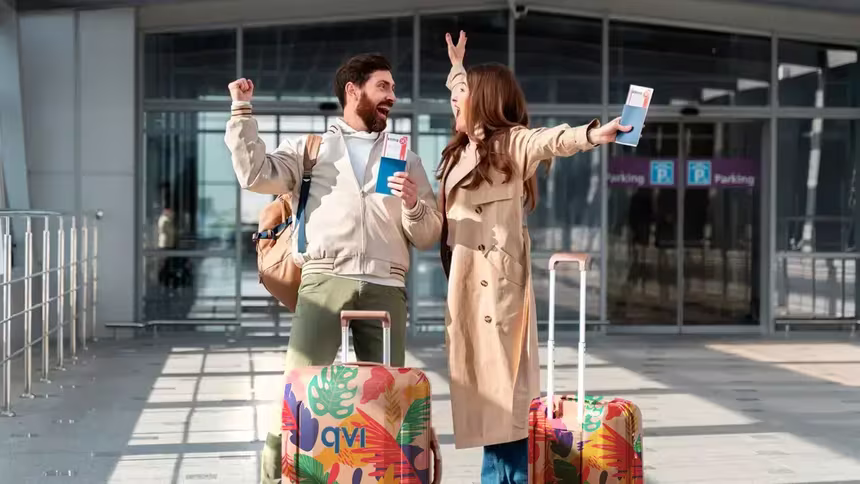 Couple excited to escape winter season by going on a budget-friendly package holiday, which they booked through a QVI holiday membership product called QVI Vacay