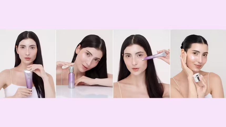 woman using the different Physio Radiance AURA 4-step skincare products