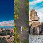 Collage of the 5 best lakes to visit around the world: Lake Como, Lake Van, Lake Vembanad, Lake Victoria, Lake Kawaguchi