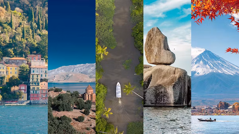 Collage of the 5 best lakes to visit around the world: Lake Como, Lake Van, Lake Vembanad, Lake Victoria, Lake Kawaguchi