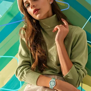 woman green shirt wearing omni watch